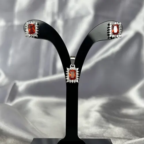 Conjunto Aretes/Dije Rectangular Circón Granate Naranja's photo #1