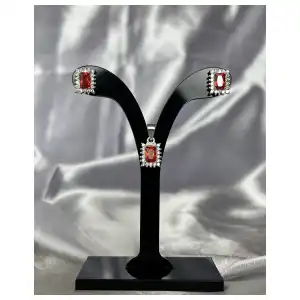 Conjunto Aretes/Dije Rectangular Circón Granate Naranja miniatura 2